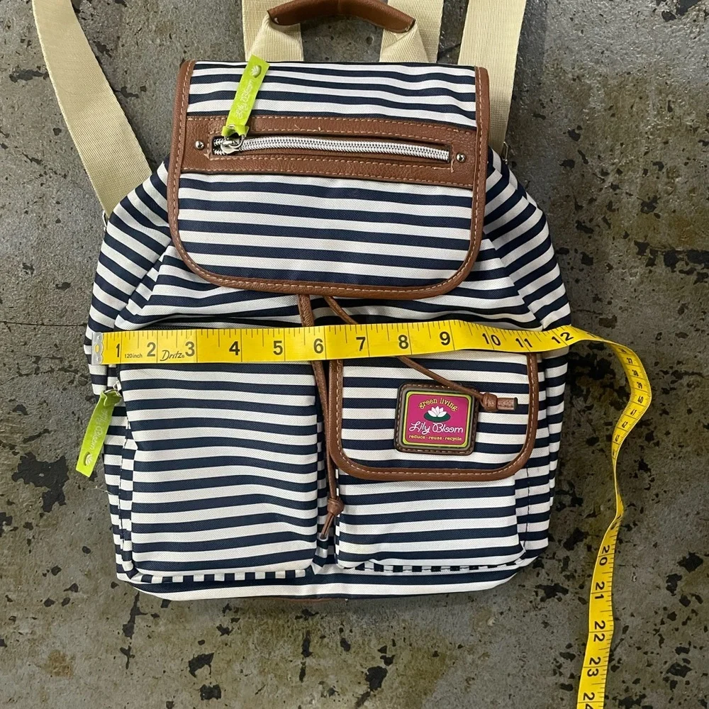 Lily Bloom Navy & White Striped Backpack with Front Pockets & Lime Green Inside - Picture 6 of 11